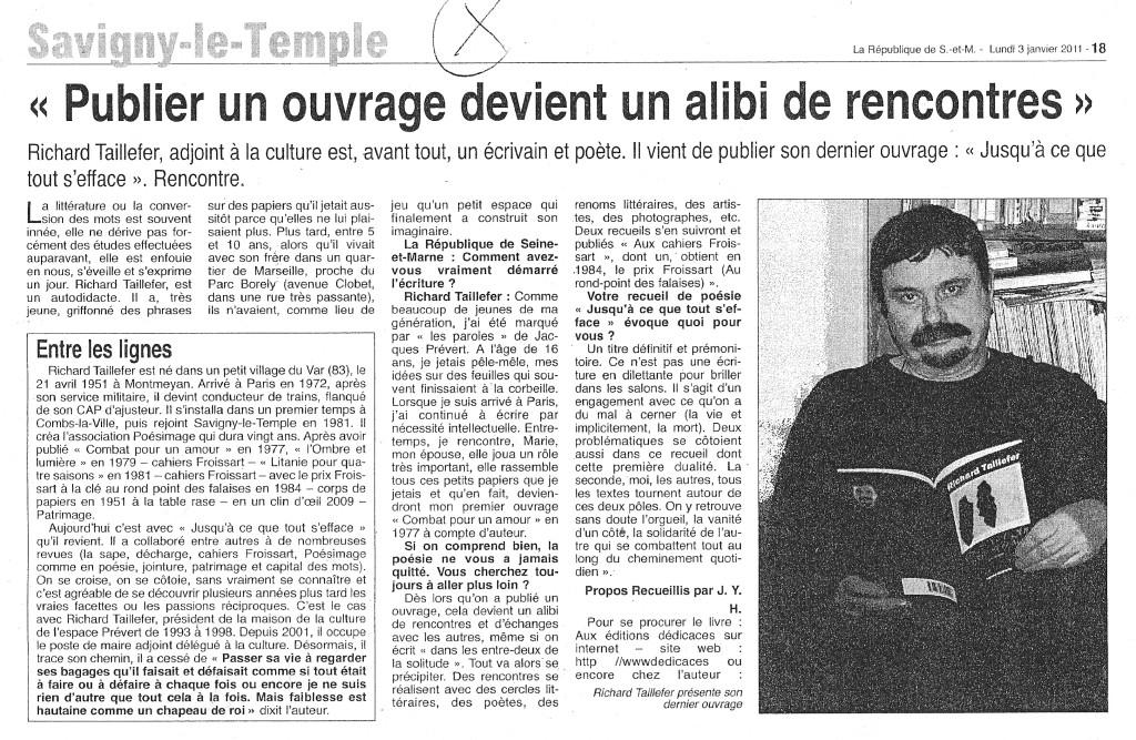 richard Le poète Richard Taillefer obtient une entrevue dans la République de Seine-et-Marne, en France