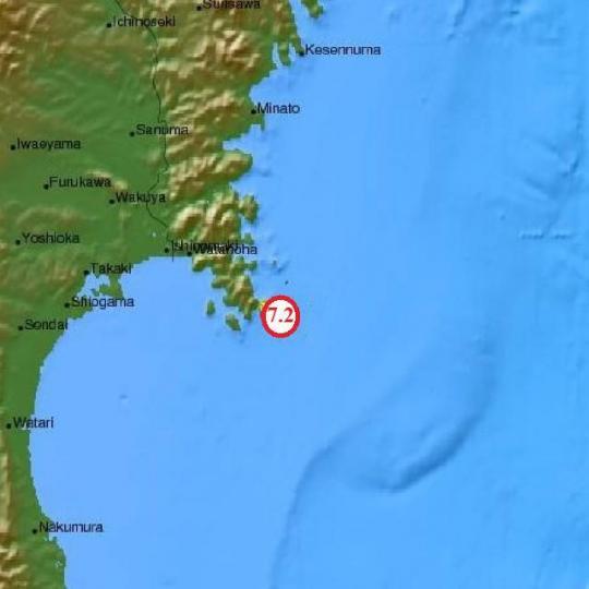 Côte nord-est de Honshu: forte réplique de magnitude 7.2.