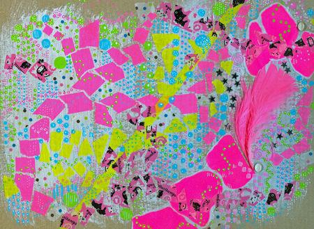 Collage sur carton avec plume fluo, Decopatch*, masking tapes et Posca*