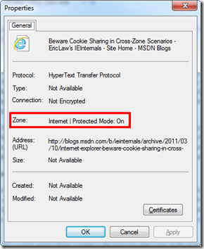Capture d'écran de la boite de dialogue de propriétés de la page courante dans Internet Explorer 9