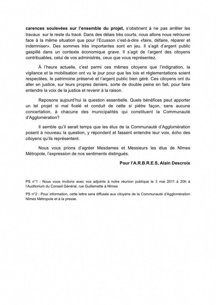 Lettre ARBRES aux élus de Nîmes Métropole TCSP à Nîmes, suite