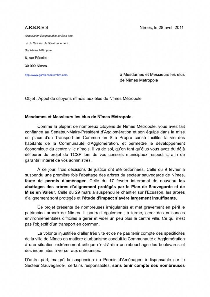 Lettre ARBRES aux élus de Nîmes Métropole(1) TCSP à Nîmes, suite