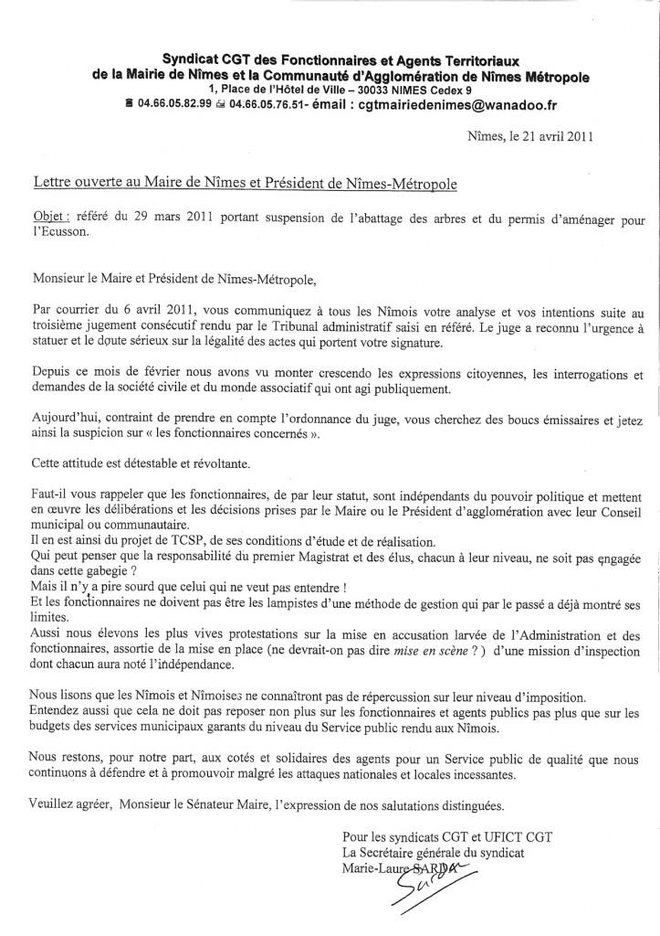 Lettre CGT au maire de Nîmes TCSP à Nîmes, suite