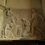 Estaing, L'église Saint-Fleuret : une jeune femme est emenée face à une sorte de consul. Elle aura la tête tranchée. Remarquez cette autre dame à gauche qui s'agenouille comme une servante mais dont une couronne est à ses pieds... nous avons pensé à sainte cécile, mais aucune inscription ne confirme notre idée. P1060148.JPG