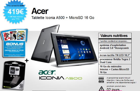 La Acer Iconia A500 à 419€ en vente flash
