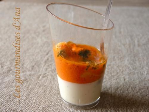 Crème d'Ossau Iraty aux crevettes roses marinées et velouté de piquillos façon Christian Constant apéritif, verrine, ossau Iraty, crevettes, piquillos, chef constant