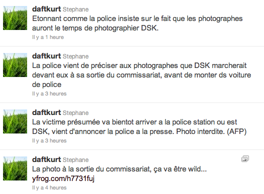 Un extrait de la timeline de @daftkurt, journaliste de l'AFP, le dimanche 15 mai 2011 Un extrait de la timeline de @daftkurt, journaliste de l'AFP, le dimanche 15 mai 2011
