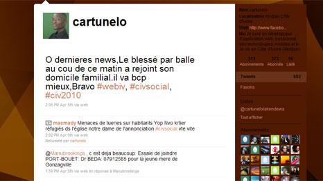 Ivoirien, Cartunelo utilise Twitter comme un relais sur la situation humanitaire dans le pays.