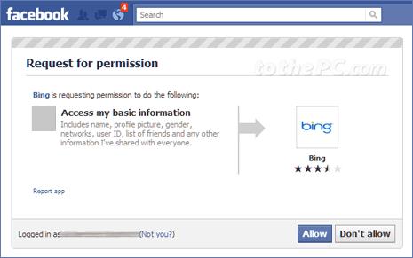 Bing intègre la connexion avec facebook