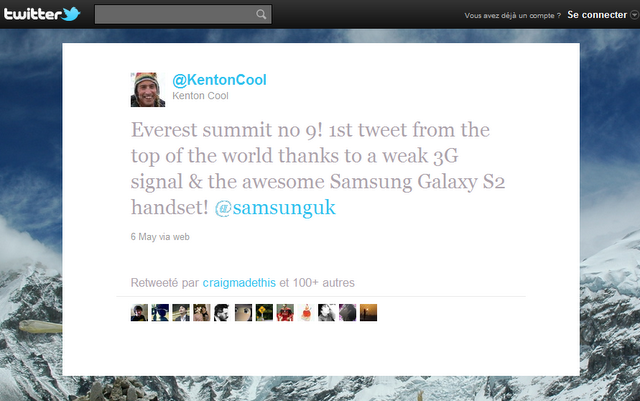 Un premier Tweet envoyé grâce au Samsung Glaxy S2 depuis le sommet Everest Un premier Tweet envoyé grâce au Samsung Glaxy S2 depuis le sommet Everest