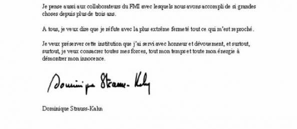 DOCUMENT. La lettre de démission de DSK au FMI