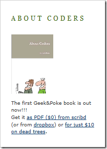 Capture d'écran du cadre décrivant le livre sur le blog Geek&Poke Capture d'écran du cadre décrivant le livre sur le blog Geek&Poke