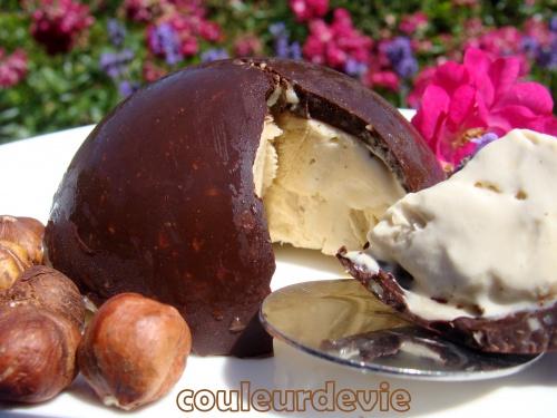 Parfait glacé au Baileys en coque de chocolat et parfait glacé au café coque chocolat/noisettes