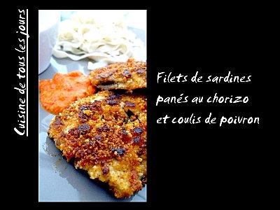 Filets de sardines panés au chorizo et coulis de poivron