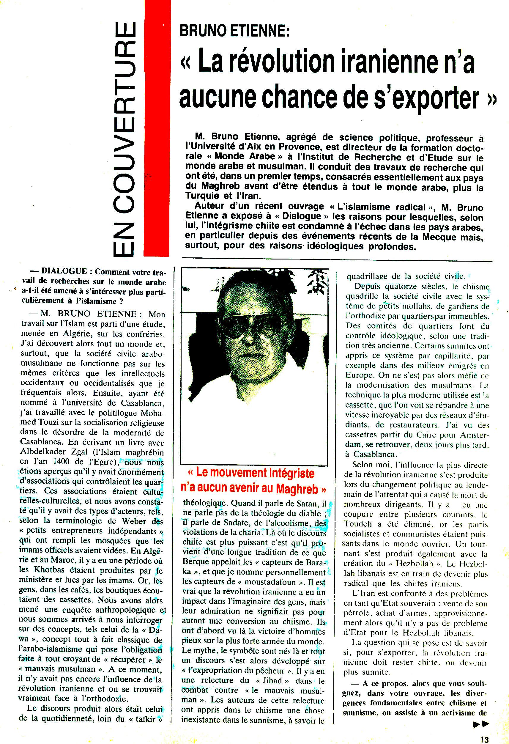 bruno etienne 1 Bruno Etienne à Dialogue, en 1987: Le recours à la Charia ne peut constituer une réponse à la modernité.