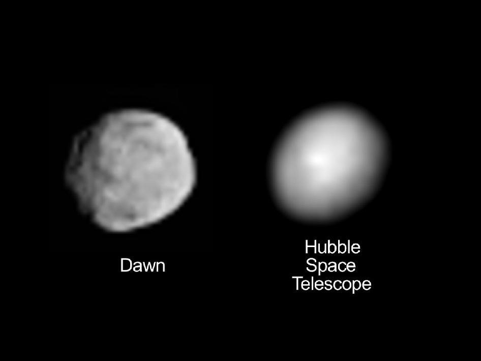 Comparaison Vesta photographiée par Hubble et DAWN