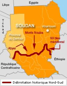 Carte de Soudan. Les trois zones Abyei, les Monts Nouba, et le Nil Bleu méridional font partie du Nord mais se sont ancrées au Sud.(Carte : Nathalie Guillemot/RFI)