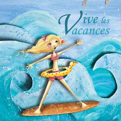 Illustration jeune fille qui surf en vacances
