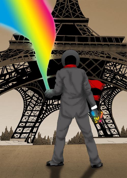 Le voleur de couleurs face à la tour Eiffel