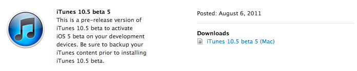 iTunes 10.5 bêta 5 Télécharger iOS 5 bêta 5 pour iPhone, iPod et iPad + iTunes 10.5 bêta 5