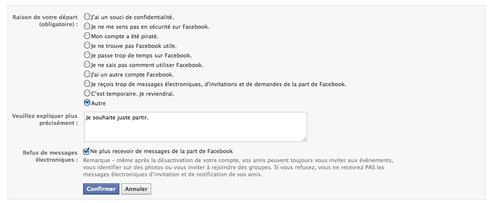 Page de désactivation du compte Facebook