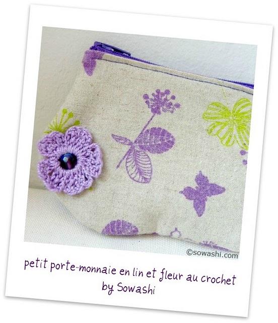 porte-monnaie en lin et fleur au crochet