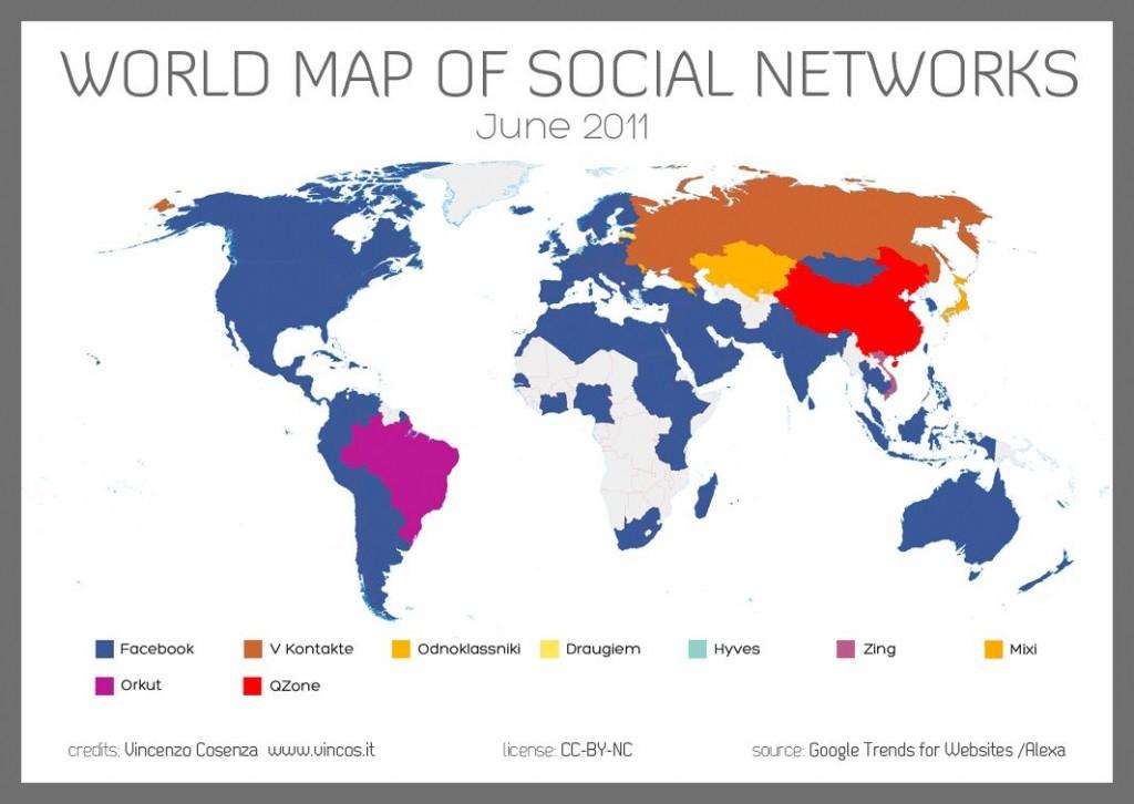 cartedesmediassociauxmonde La carte des réseaux sociaux les plus utilisés dans le monde.