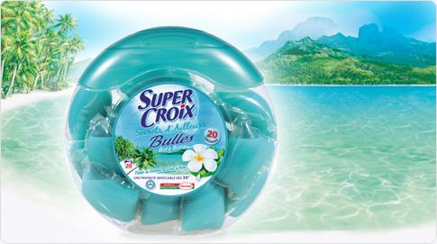 Depuis 2010, la marque Super Croix présente un format innovant pour la lessive : des doses liquides à mettre directement dans le tambour de la machine à laver.