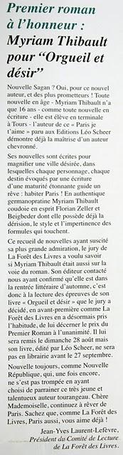 Myriam Thibault, Prix du Premier Roman - Les Lauriers Verts de La Forêt des Livres Myriam Thibault, Prix du Premier Roman - Les Lauriers Verts de La Forêt des Livres