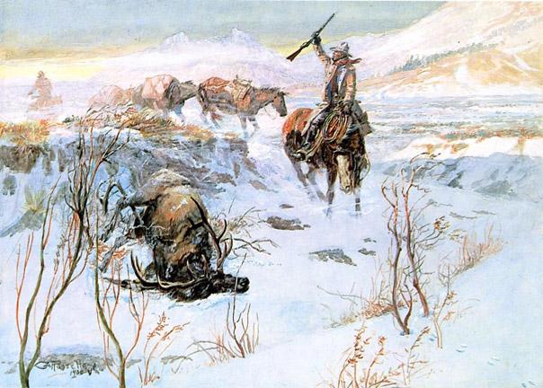 Russel_Christmas_Dinner_for_the_Men_on_the_Trail Aquarellistes américains reconnus, nés ou disparus au 20 ème siècle – Partie 1/2 Rex Brandt -Mario Cooper – J.W.S. Cox – Phil Dike – Ted Kautzky – Henry G. Keller – Dong Kingman -John Pike – Fairfield Porter – Charles Marion Russell