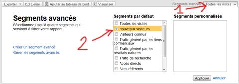 anaytics-pages-arrivees taux de rebond, nouveaux visiteurs, visiteurs connus, google analytics