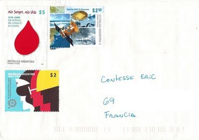 Satellite, don du sang et travail décent sur timbres argentins