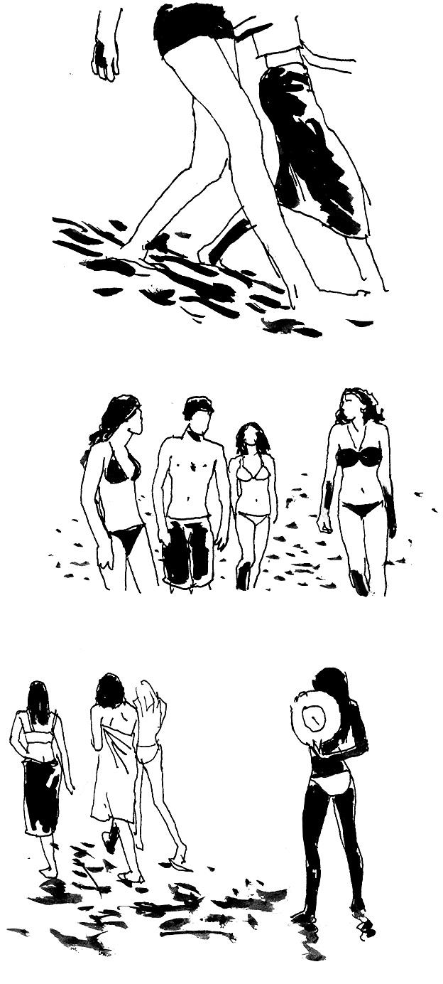 J'aime regarder les filles qui marchent sur la plage / Sur leur peau le soleil caresse bien trop sage / Le vent qui les décoiffe / Un goût de sel sur mes lèvres