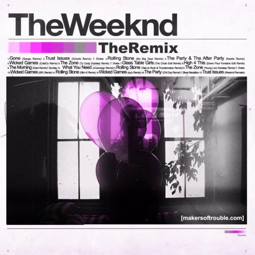 The Weeknd: The Remix - Free LP Download Tracklist Gone (Sango Remix)  Trust Issues (Grizzle Remix) f. Drake  Rolling Stone (No Big Deal Remix)  The Party & The After Party (Kastle Remix)  Wicked Games (ColeCo Remix)  The Zone (Ty Cody Dubstep Remix) f. Drake  Glass Table Girls (The Circle Edit Remix)  High 4 This (Down Pour Fontaine Edit Remix)  The Morning (Dolor Remix) f. Sunday  What You Need (nCamargo Remix)  Rolling Stone (Tate la Rock & Troublemaker Remix)  The Zone (Young Live Dubstep Remix) f. Drake  Wicked Games (SPL Remix)  Rolling Stone (Slim K Remix)  Wicked Games (sy.ic Remix)  The Party (Chi Duly Remix) f. Silver Medallion  Trust Issues (Weeknd Remake) 