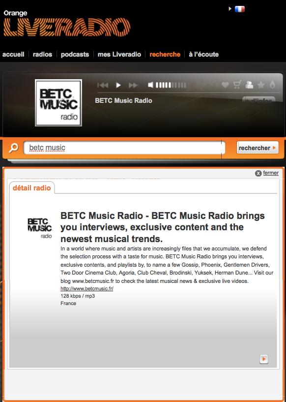 BETC Music Radio sur Orange Live Radio