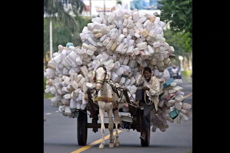 <b></div>Écolo</b>. Dans les rues de Panchkula, dans l’État de Haryana, au nord de l'Inde, cet homme transporte sur son charriot, des bidons en plastique vers une station de recyclage. Dans ce pays, la récupération et la transformation des déchets est une pratique courante. Les habitants des bidonvilles récupèrent ces bouteilles usagées pour leur donner une nouvelle vie. Ainsi, ils trouvent à la fois de quoi nourrir mieux leur famille et un peu de dignité. 