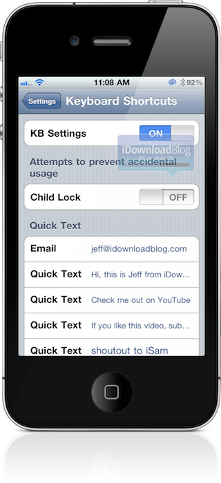 KBShortcuts KBShortcuts tweak cydia pour ajoutez des raccourcis au clavier de votre iDevice