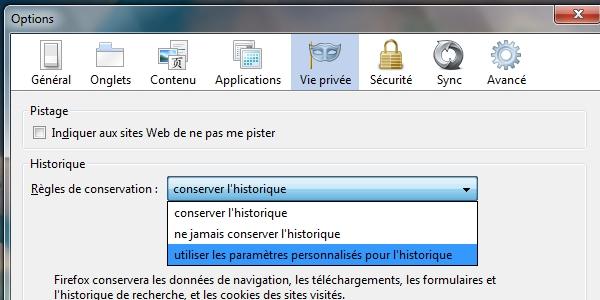 parametres histo firefox Lancer automatiquement Firefox en navigation privée