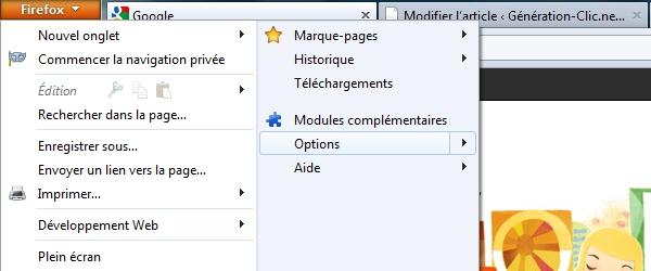 menu firefox options Lancer automatiquement Firefox en navigation privée