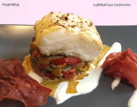 Pavé de cabillaud aux trois poivrons à la crème d'ail et à la bresaola CABILLAUD_AUX_POIVRONS_PICARD