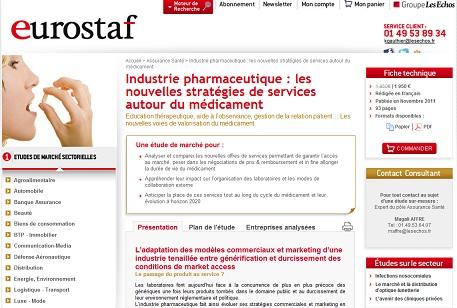 Industrie pharmaceutique : Nouvelles stratégies pour valoriser le médicament capture d'écran du site d'eurostaf qui commercialise une étude sectorielles sur le secteur pharmaceutique