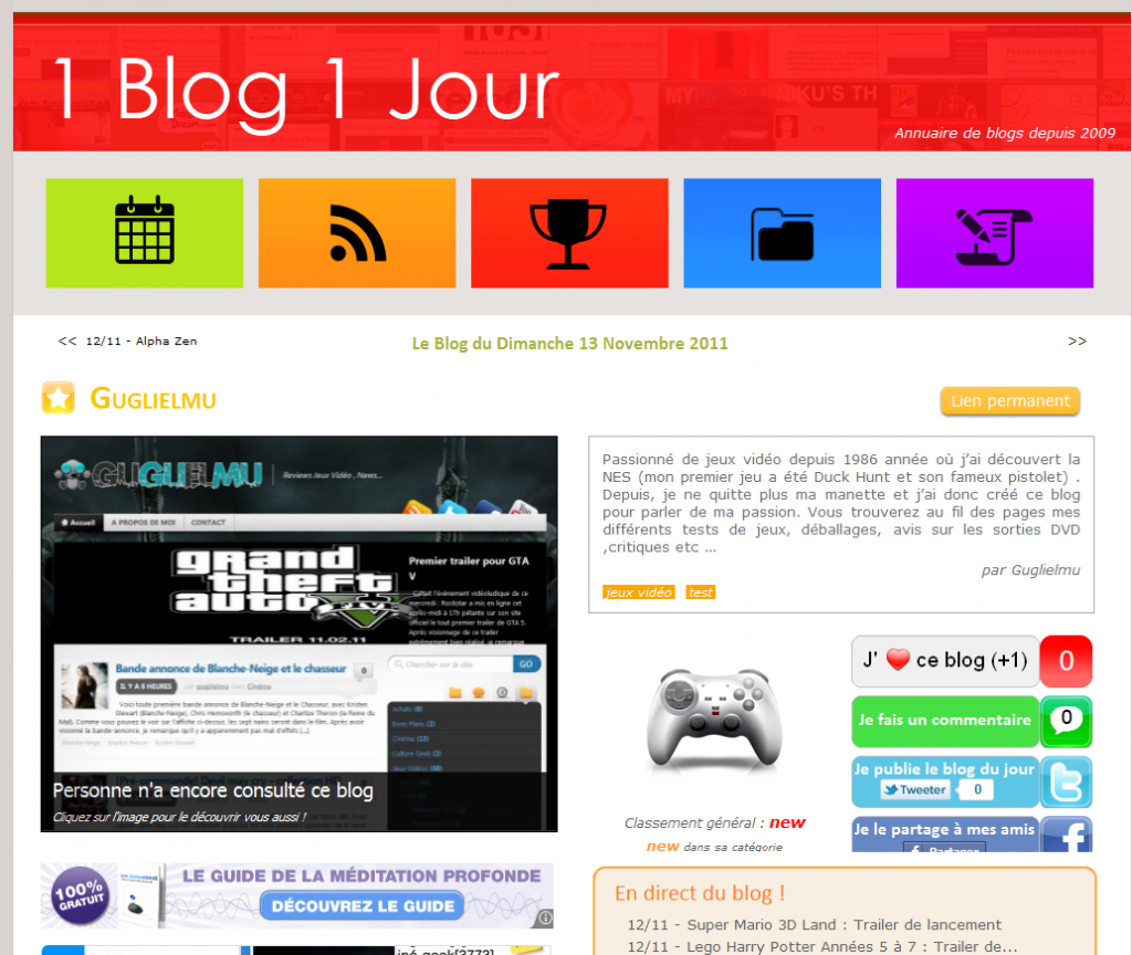 Le Blog du Dimanche 13 Novembre 2011 Guglielmu sur 1blog1jour !
