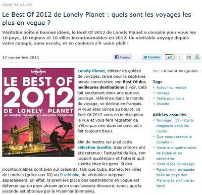 Le Best Of 2012 de Lonely Planet, à avoir impérativement dans sa valise !