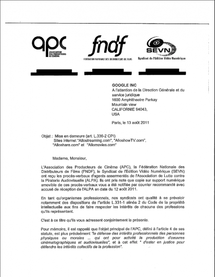 106492-mise-en-demeure-google-allostreaming-alloshowtv 106492 mise en demeure google allostreaming alloshowtv 419x540 Lindustrie du cinéma souhaite bloquer Allostreaming