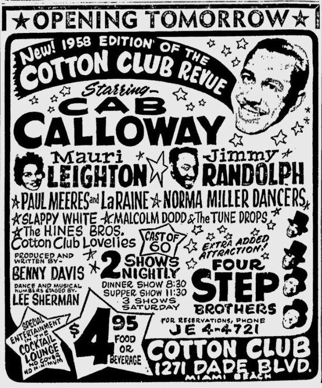 20 décembre 1957 : première de la nouvelle Cotton Club Revue de de Cab Calloway à Miami !