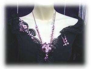 prune,rose,parure,perle, rocaille, bijou, fleur, fimo