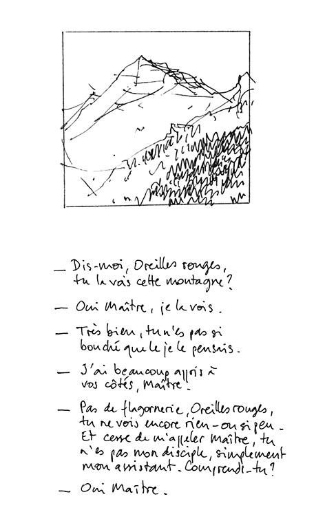 Oreilles rouges voit la montagne