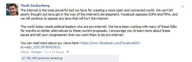 Facebook Mark Mark Zuckerberg contre SOPA et PIPA
