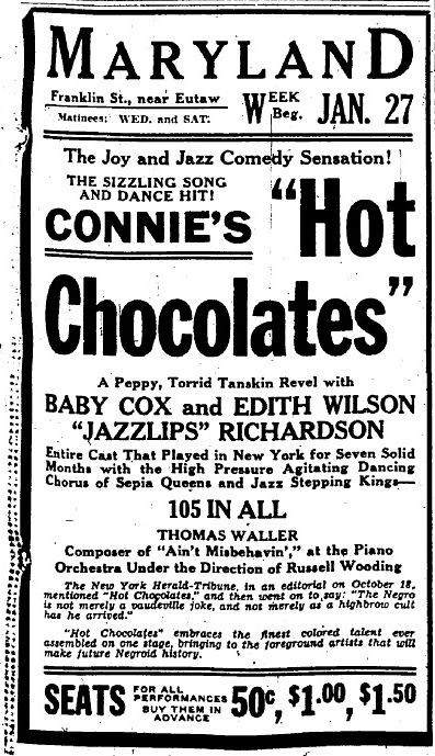 27 janvier 1930, Connie's Hot Chocolates avec Cab Calloway à Baltimore