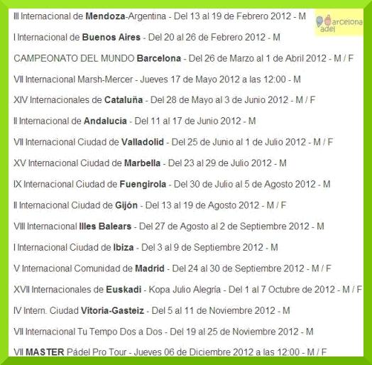 Calendrier 2012 encadré Padel Pro Tour 2012, Calendrier.